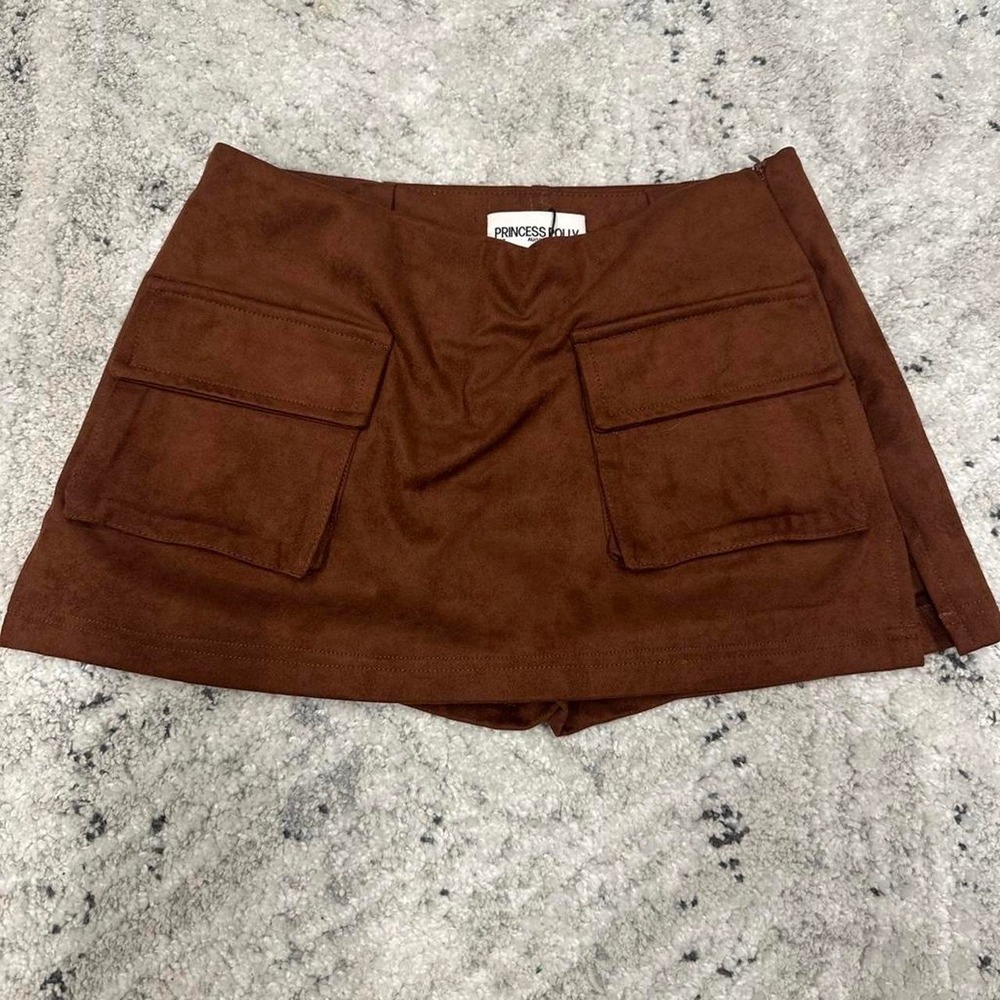 Princess Polly Ex Factor Faux Suede Cargo Skort Brown Utilitarian Mini Size 2